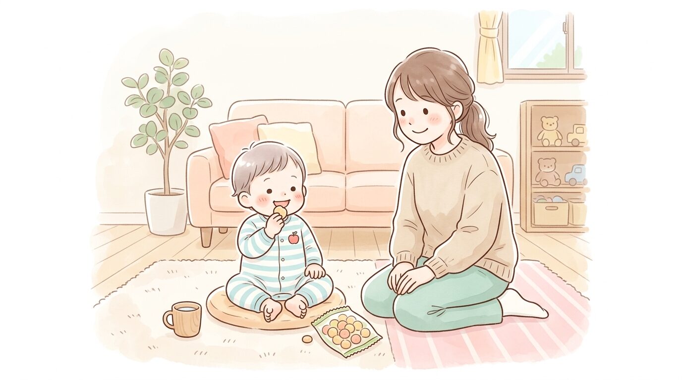 リビングで1歳児が小さなお菓子を手でつまんで食べている様子、隣で優しく見守る母親