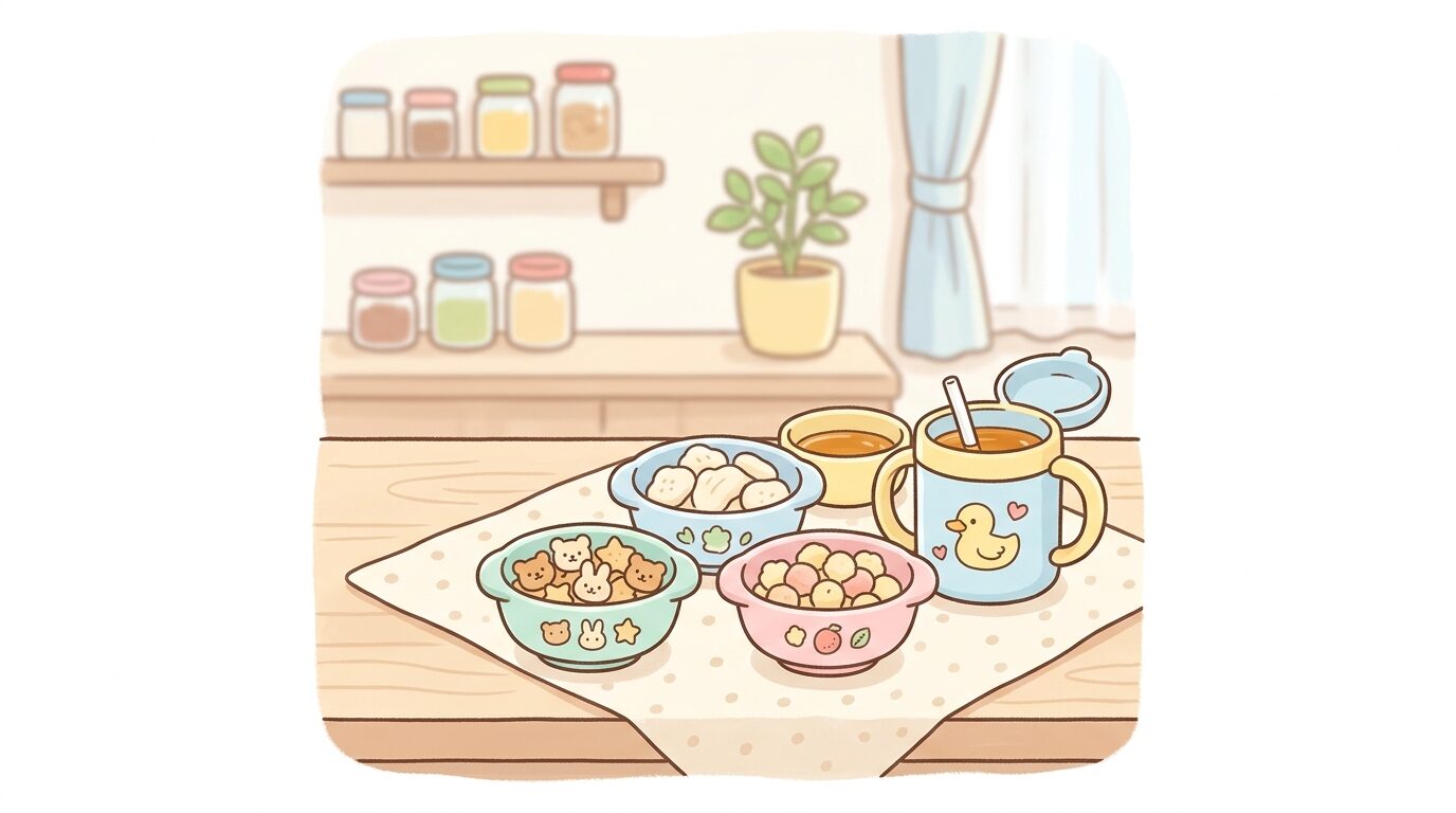 キッチンのテーブルに並べられた1歳児向けの小分けお菓子と麦茶が入ったマグカップ