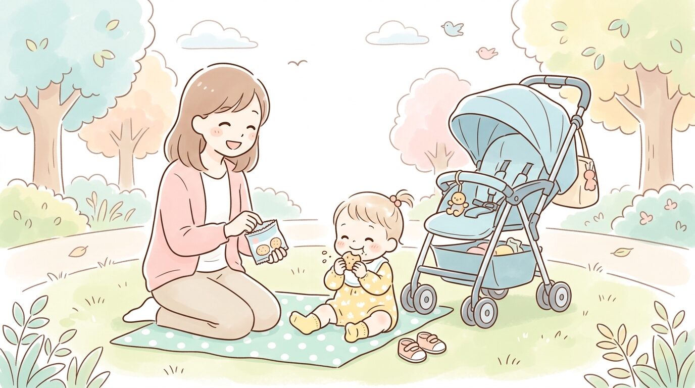 公園帰りにベビーカーのそばで小さなおやつを食べる1歳児と笑顔の親