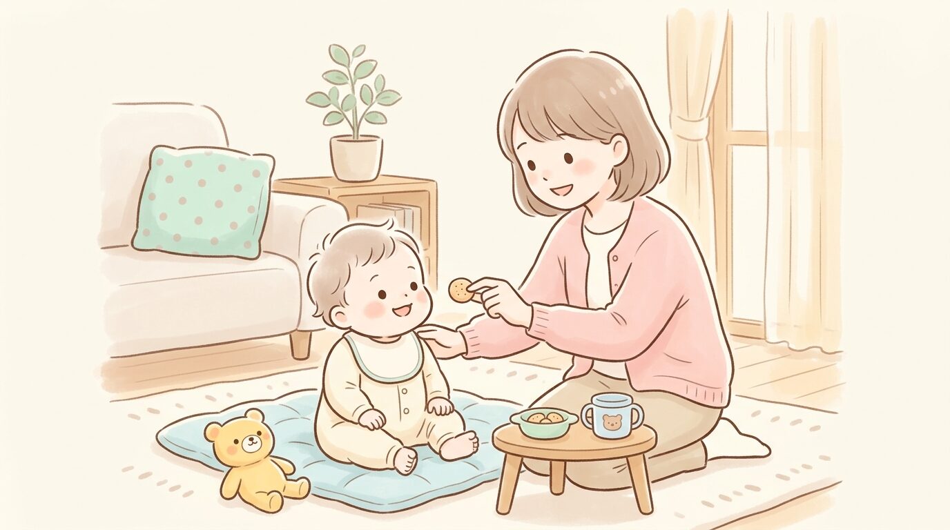 リビングで1歳の赤ちゃんに優しくおやつを与える母親の柔らかい表情