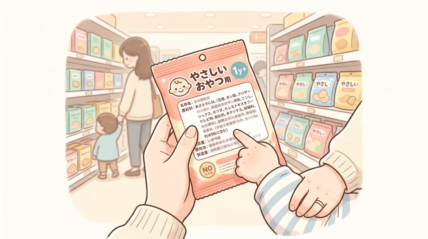 スーパーのお菓子売り場でパッケージの原材料表示を確認する親の手元