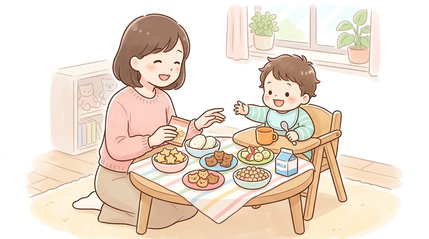 テーブルで色々な種類の1歳児向けおやつを並べて選んでいる親子の様子