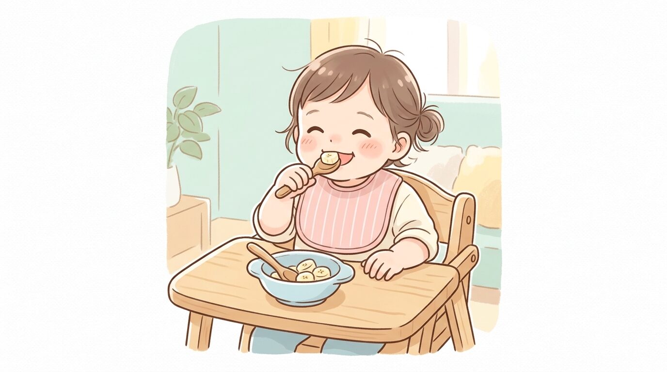木製のスプーンで小さく切ったバナナを笑顔で食べる1歳児の様子