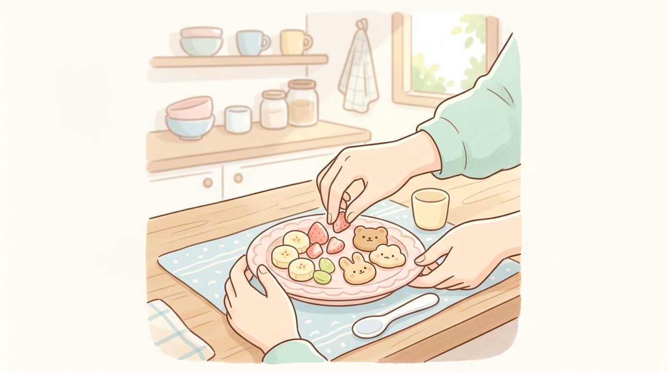 キッチンで小さなおやつ皿に果物やビスケットを用意する母親の手元