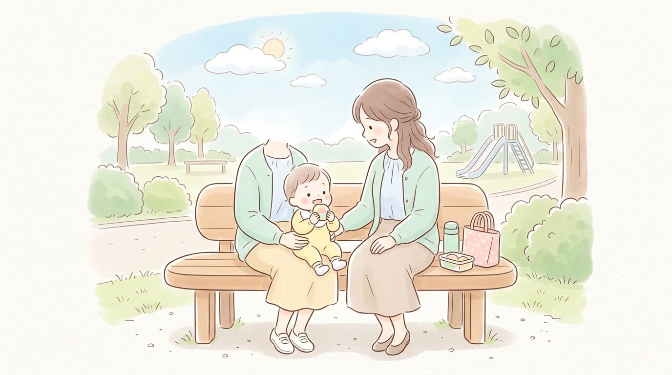 公園のベンチで親子が仲良くおやつタイムを楽しんでいる後ろ姿