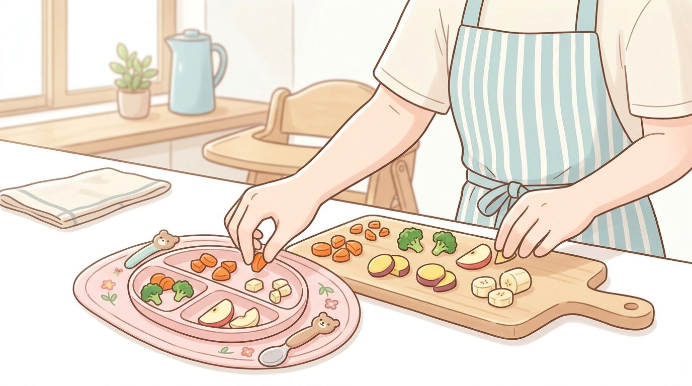 キッチンで小さくカットした野菜や果物を子ども用のお皿に盛り付ける親の手元、明るい自然光の中での日常風景