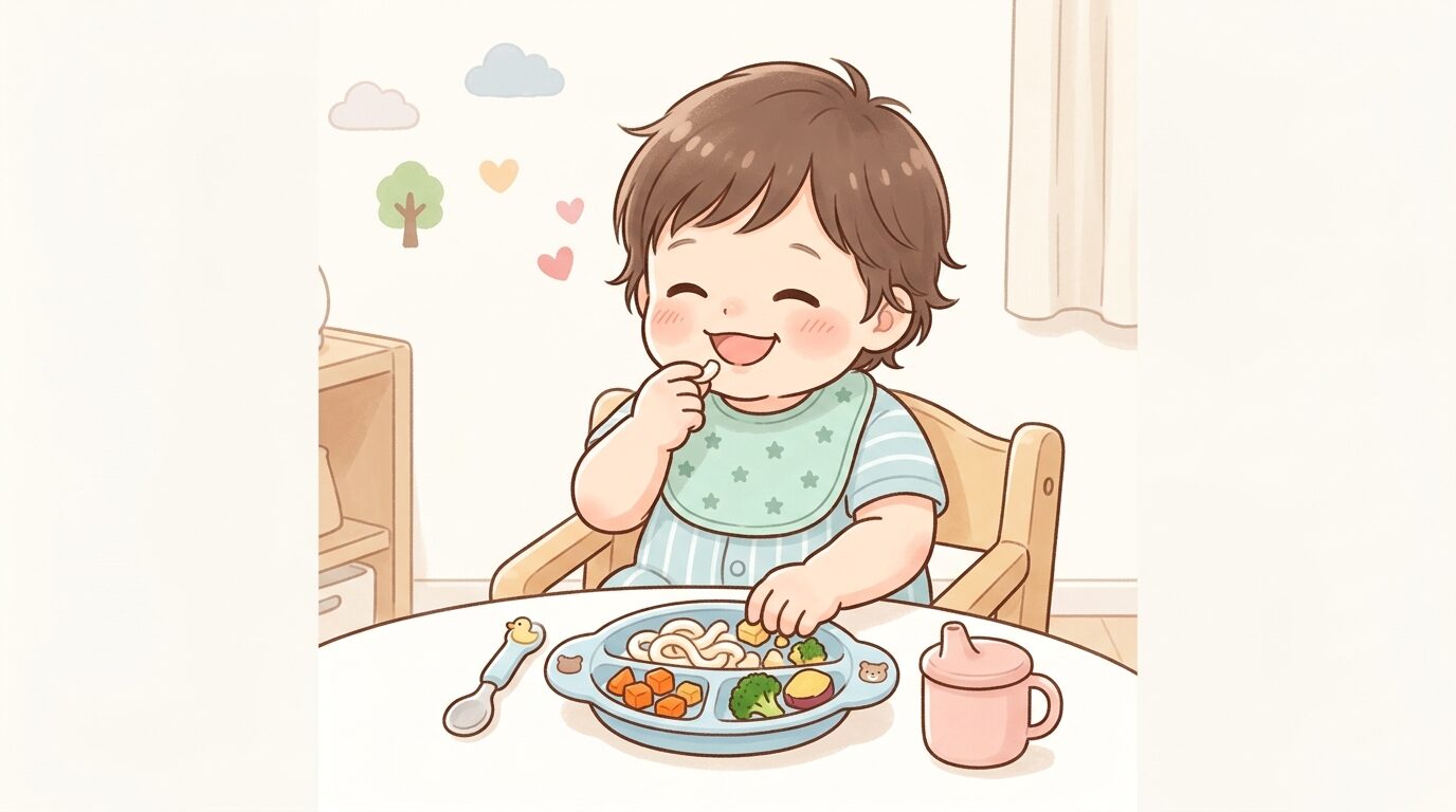 子ども用の小さなお皿に盛られた一口サイズにカットされたうどんや野菜、手づかみ食べをする1歳児の様子