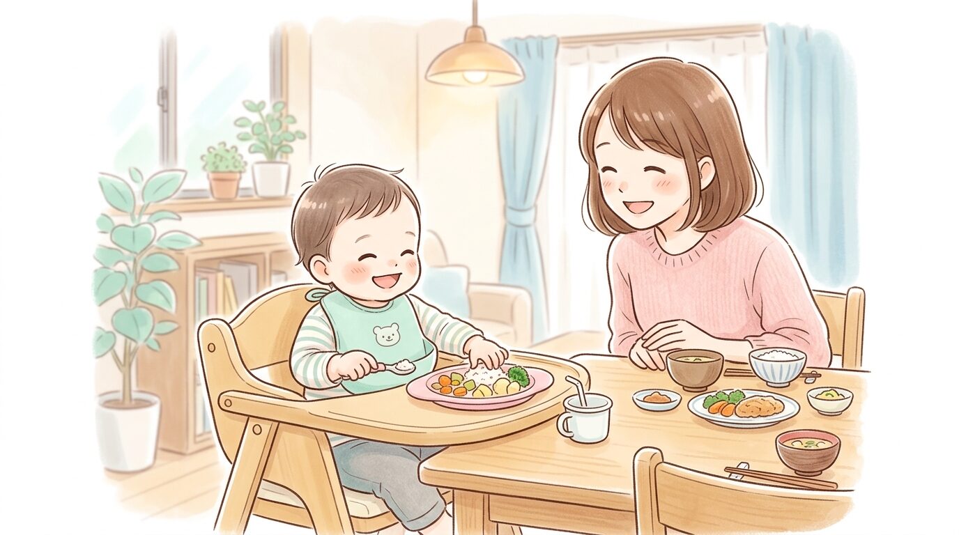 リビングのベビーチェアに座り家族と一緒に笑顔で食事をする1歳児と見守る母親、温かみのある夕食シーン