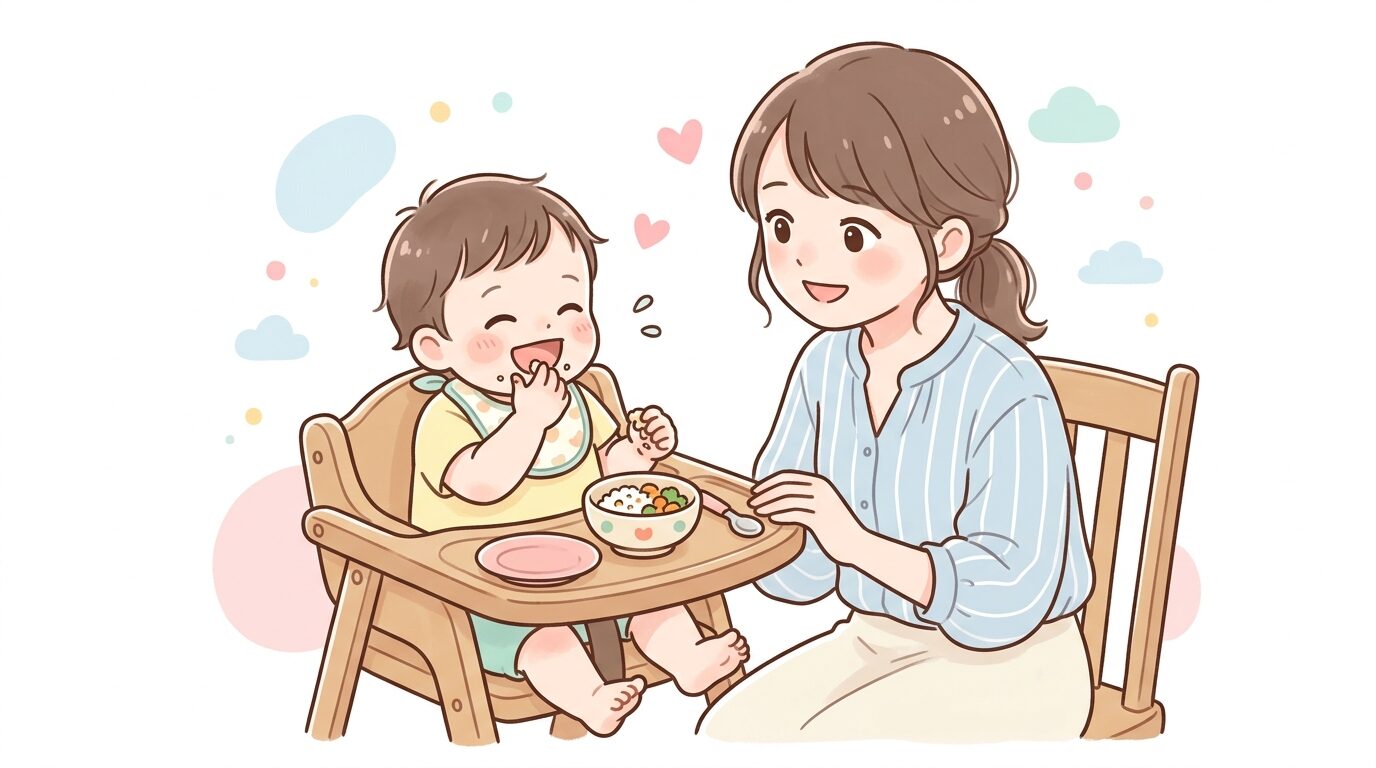 木製の椅子に座り、手づかみでご飯を食べる笑顔の1歳児と見守る母親