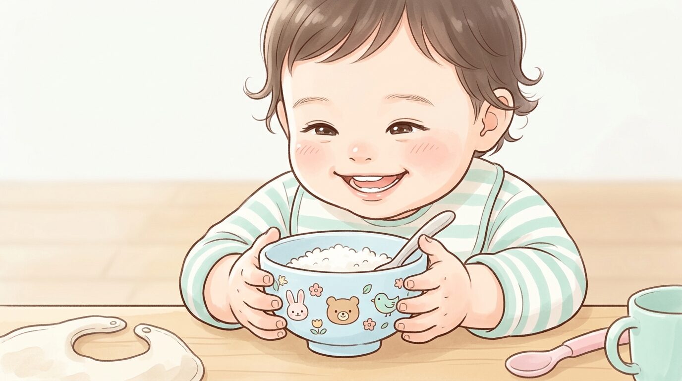 かわいい動物柄のお茶碗を嬉しそうに手に取る1歳児の笑顔のクローズアップ