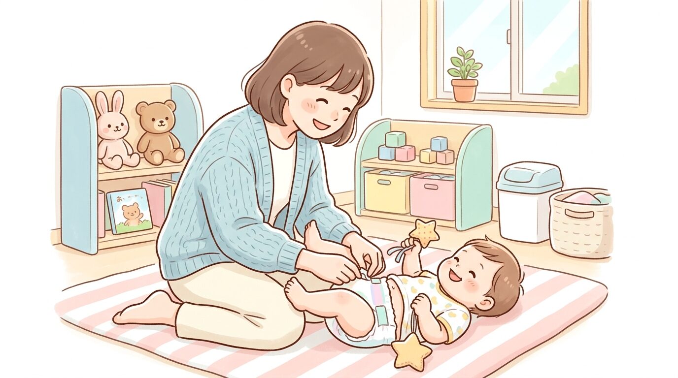 おむつ替えの際に赤ちゃんに優しく声をかける母親の手元、明るいベビールーム