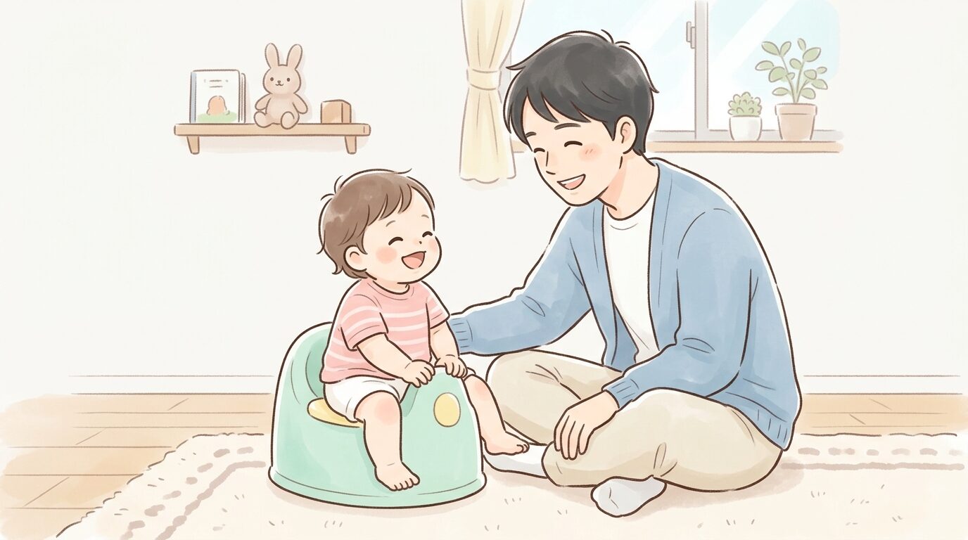 おまるにまたがって笑顔を見せる1歳児と、隣で見守る父親の温かいシーン