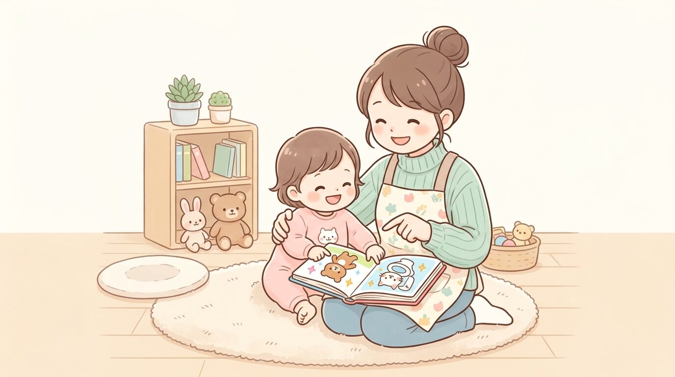 カラフルなトイレ絵本を親子で楽しそうに読んでいるリビングの様子
