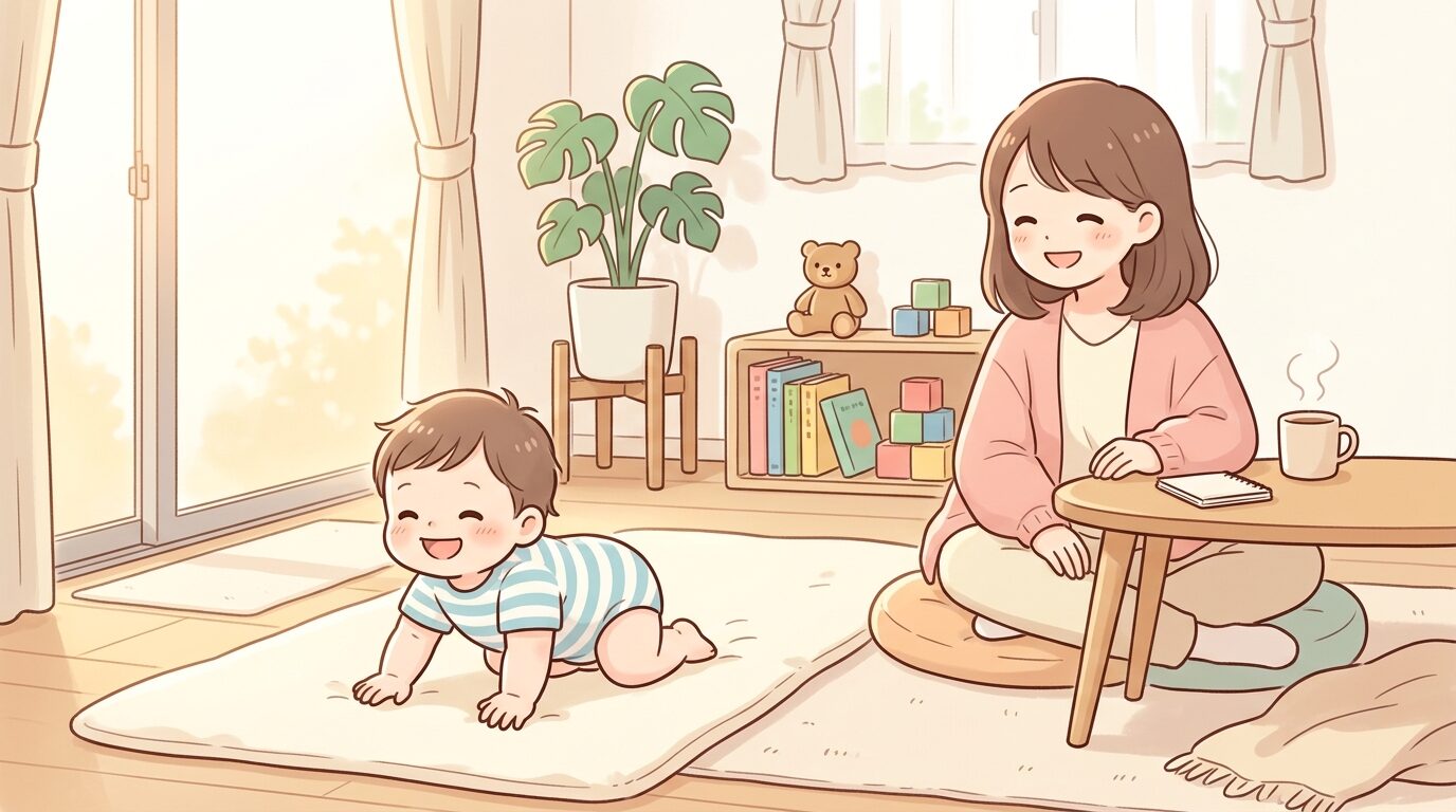 夕方の明るいリビングでハイハイする1歳児と見守る母親の温かい雰囲気