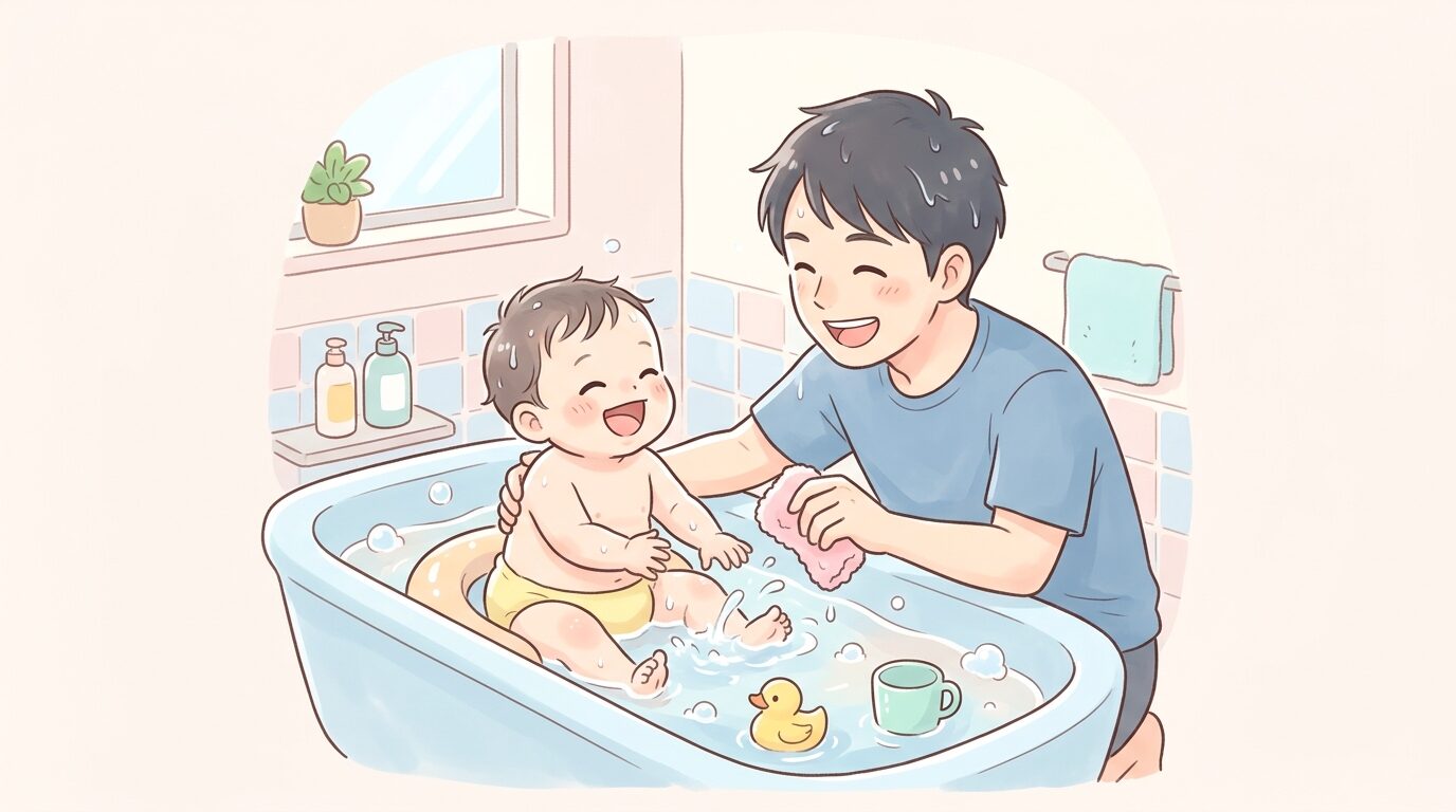 仕事帰りのパパが1歳児をお風呂に入れて笑い合っているシーン
