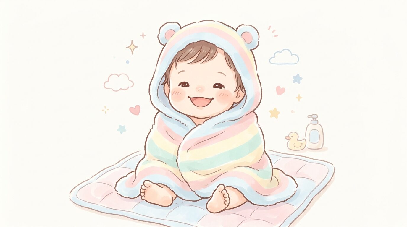 お風呂上がりにバスタオルに包まれてご機嫌な1歳児の笑顔