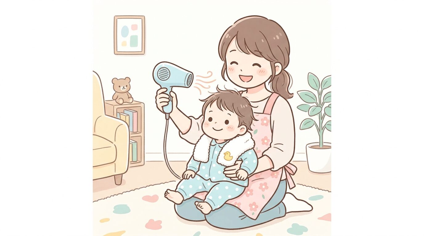お風呂上がりに弱風モードのドライヤーで優しく髪を乾かしてもらう1歳児と笑顔の親