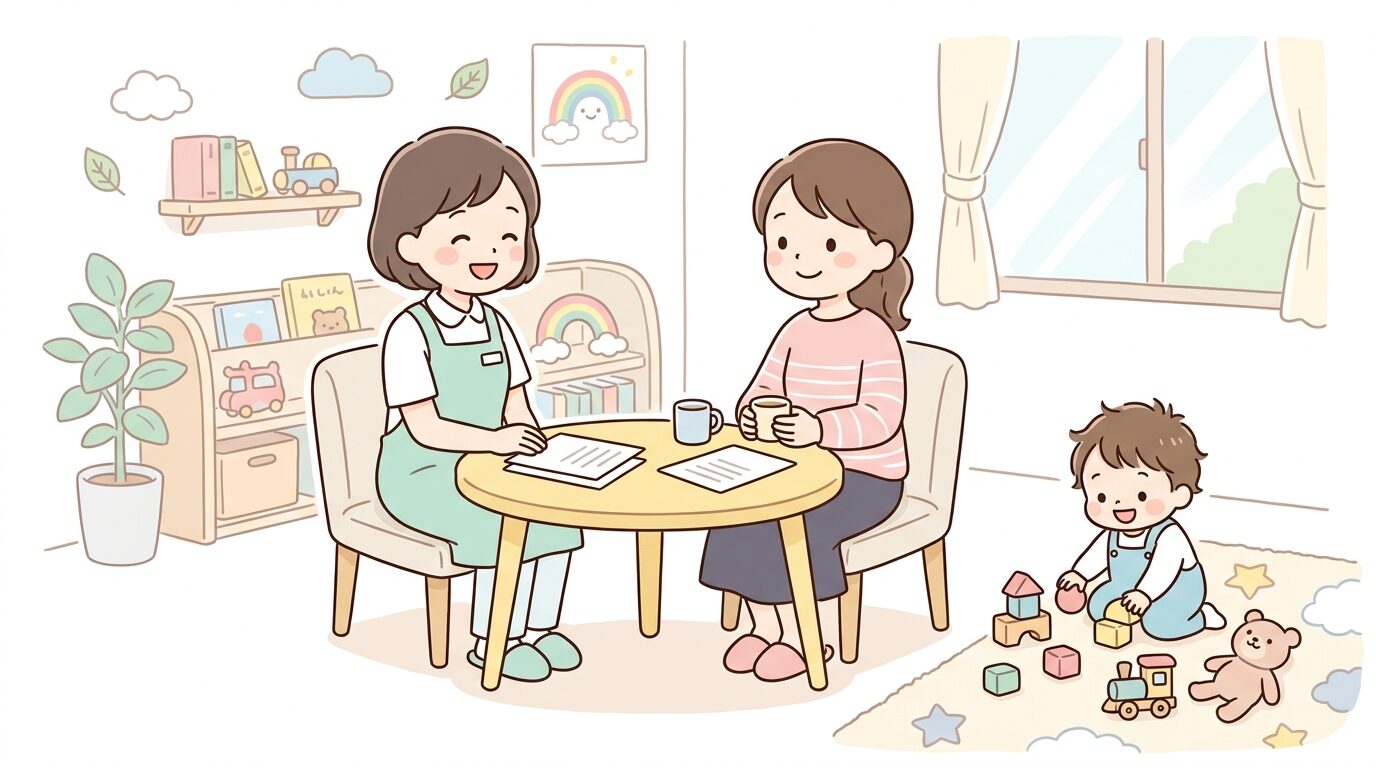 子育て相談窓口で保健師と話す母親と、隣で遊ぶ1歳児の温かい雰囲気の室内
