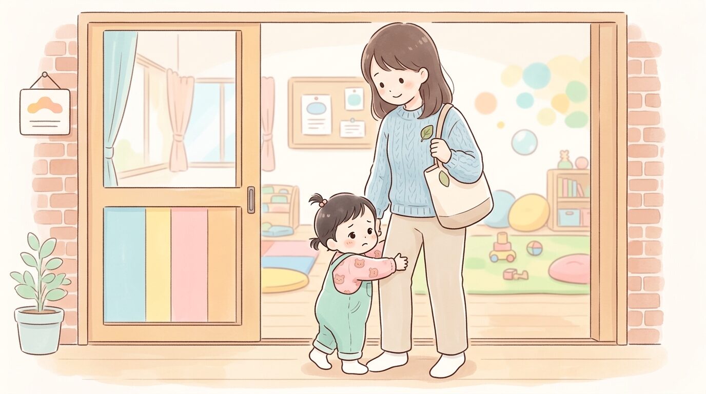 児童館の入口で母親の足にしがみつき不安そうな表情を見せる1歳の子ども