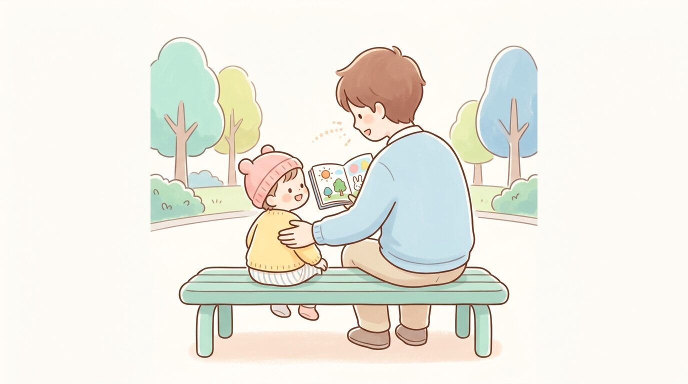 公園のベンチに座り絵本を見せながら子どもに優しく話しかける父親の後ろ姿