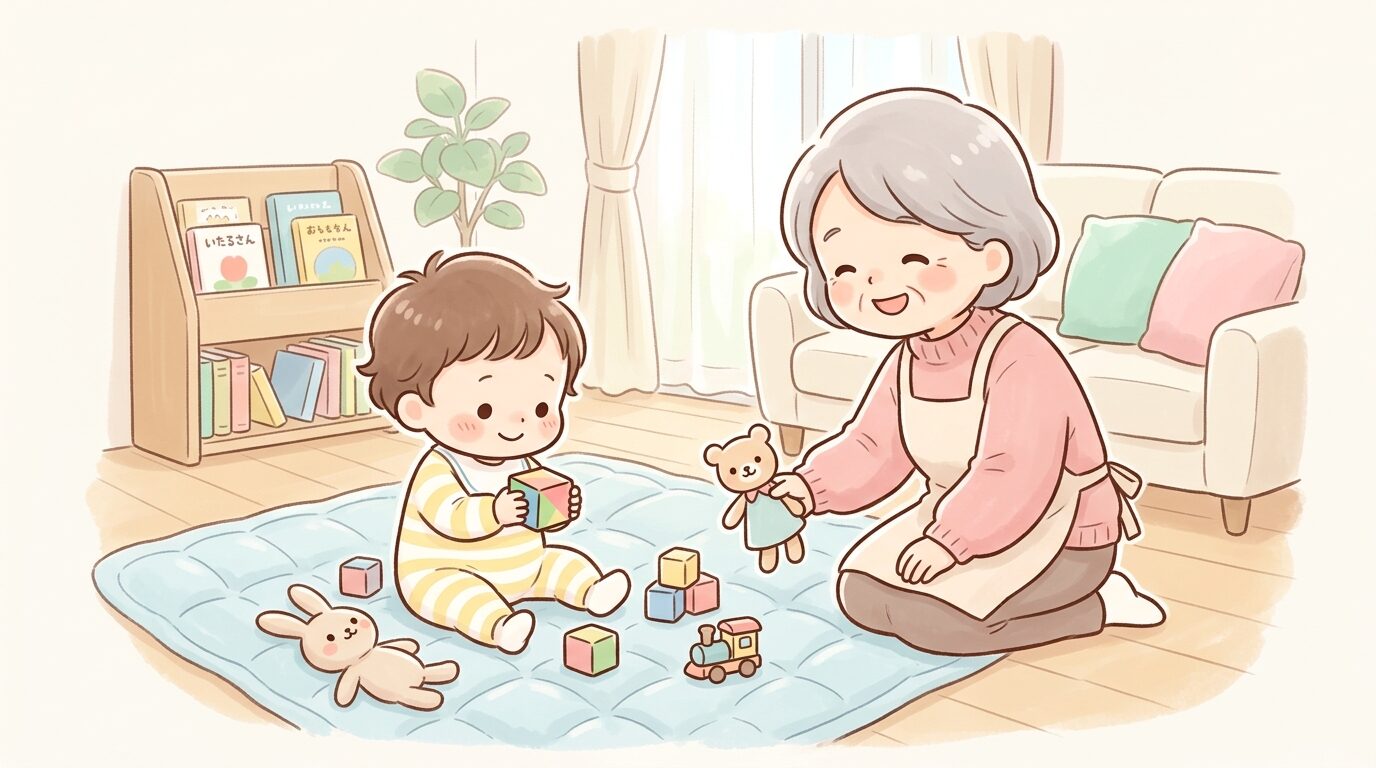 祖父母の家のリビングで祖母に見守られながら少しずつ表情が和らぐ1歳児