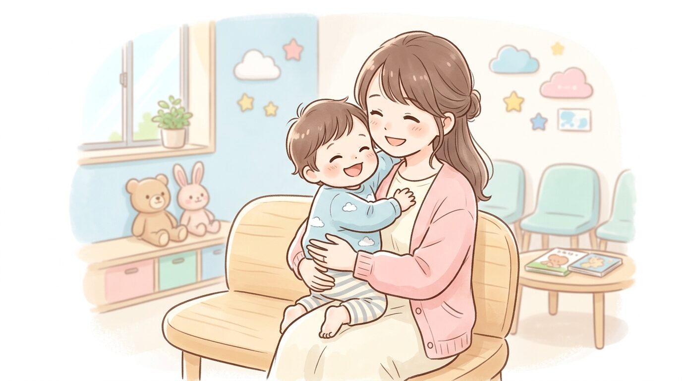 小児科の待合室で母親に抱っこされ笑顔を見せる1歳児