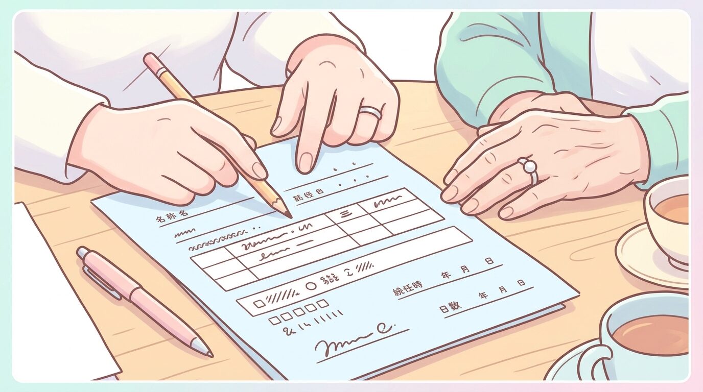 委任状の書類を確認しながら祖母と話す母親の手元