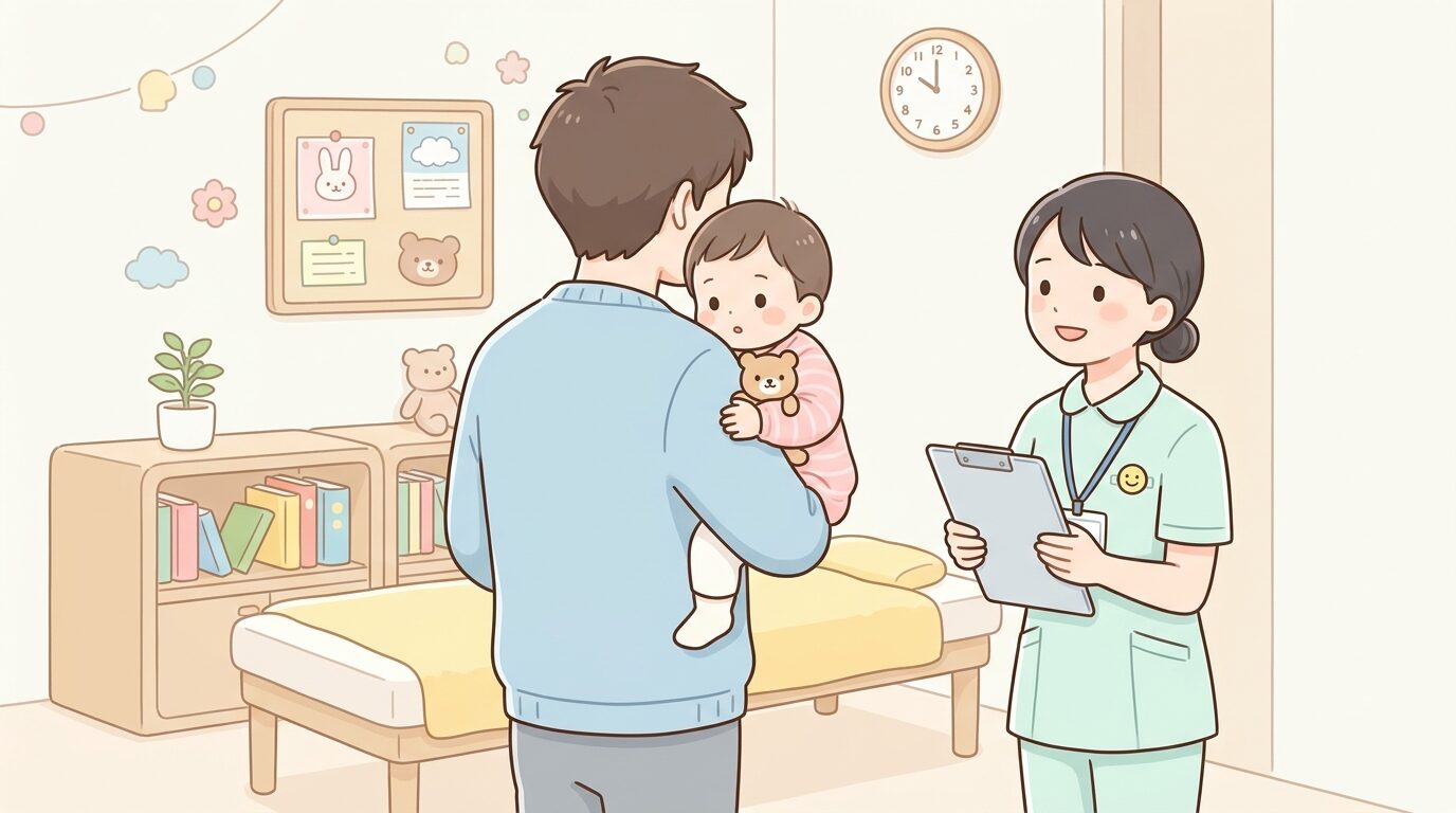 診察室で看護師と話しながら子どもを優しく抱きしめる父親の後ろ姿