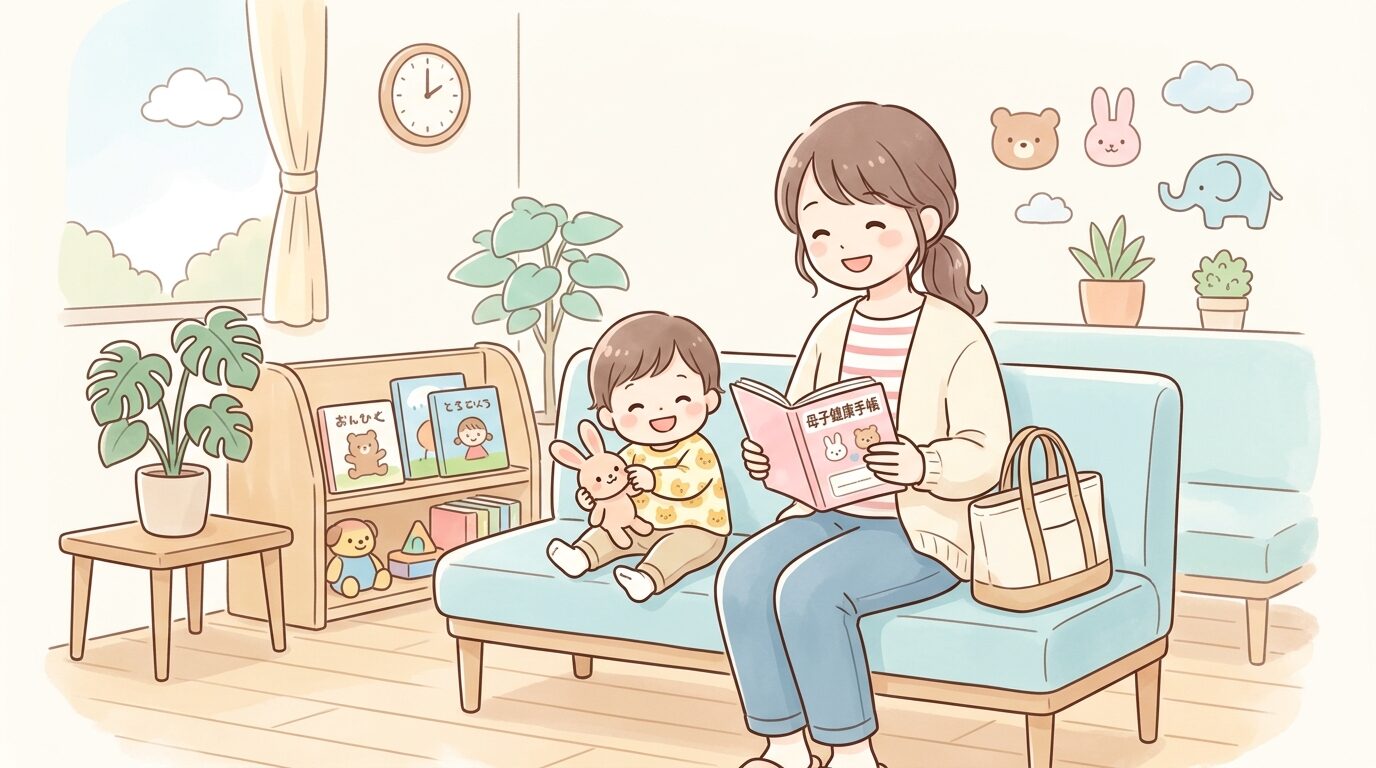 保健センターの明るい待合室で母子健康手帳を持つ母親と1歳半の子ども