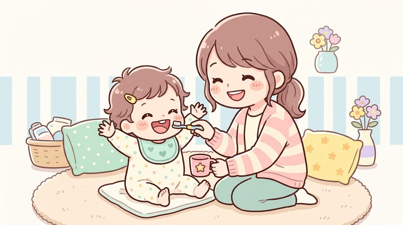 子ども用の歯ブラシで仕上げ磨きをする親と楽しそうな1歳半の子どものアップ