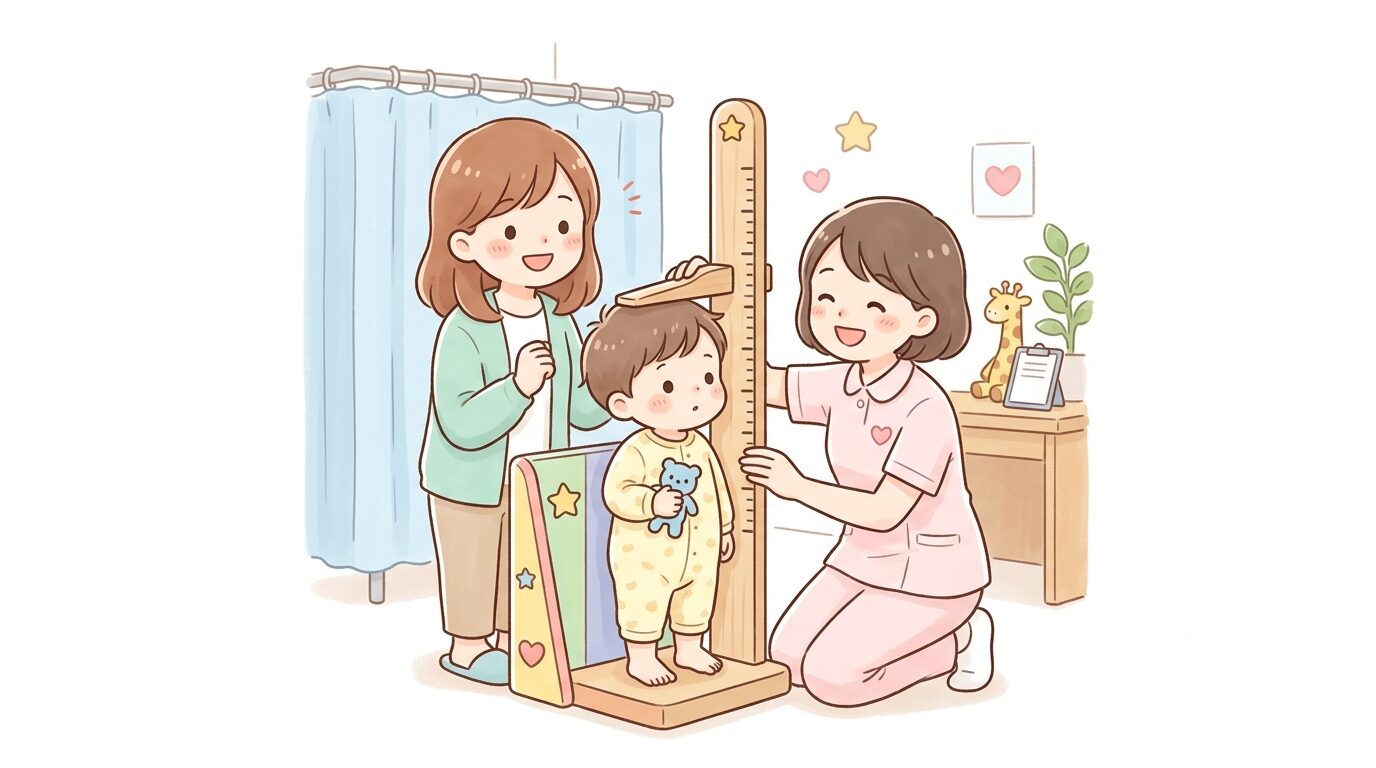 保健師が乳幼児の身長を測定している健診会場の様子