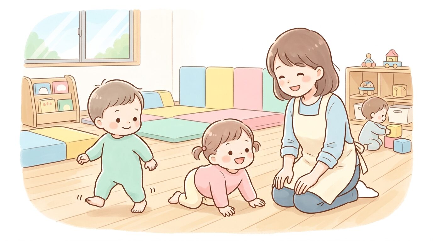 保育園の室内で裸足でハイハイやよちよち歩きをする1歳児と見守る保育士