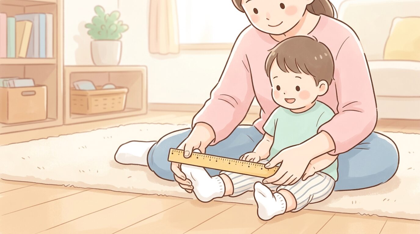 リビングで定規を使いながら子供の足のサイズを優しく測る母親の手元