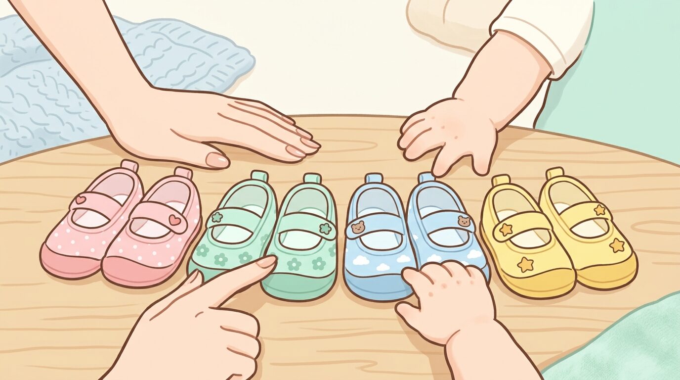 カラフルな1歳児用上履きを並べて比較検討する親子の手元アップ