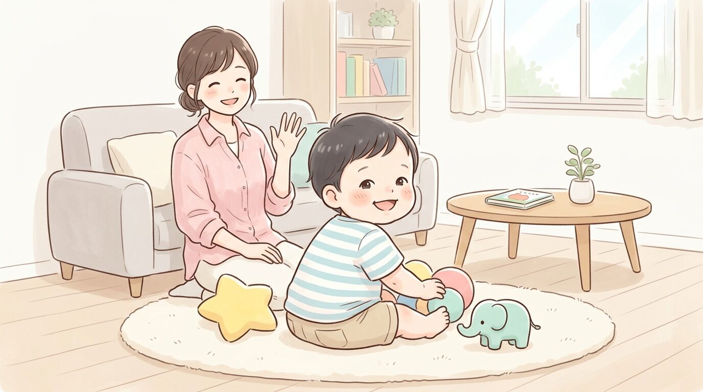 リビングで母親に名前を呼ばれて笑顔で振り向く1歳児