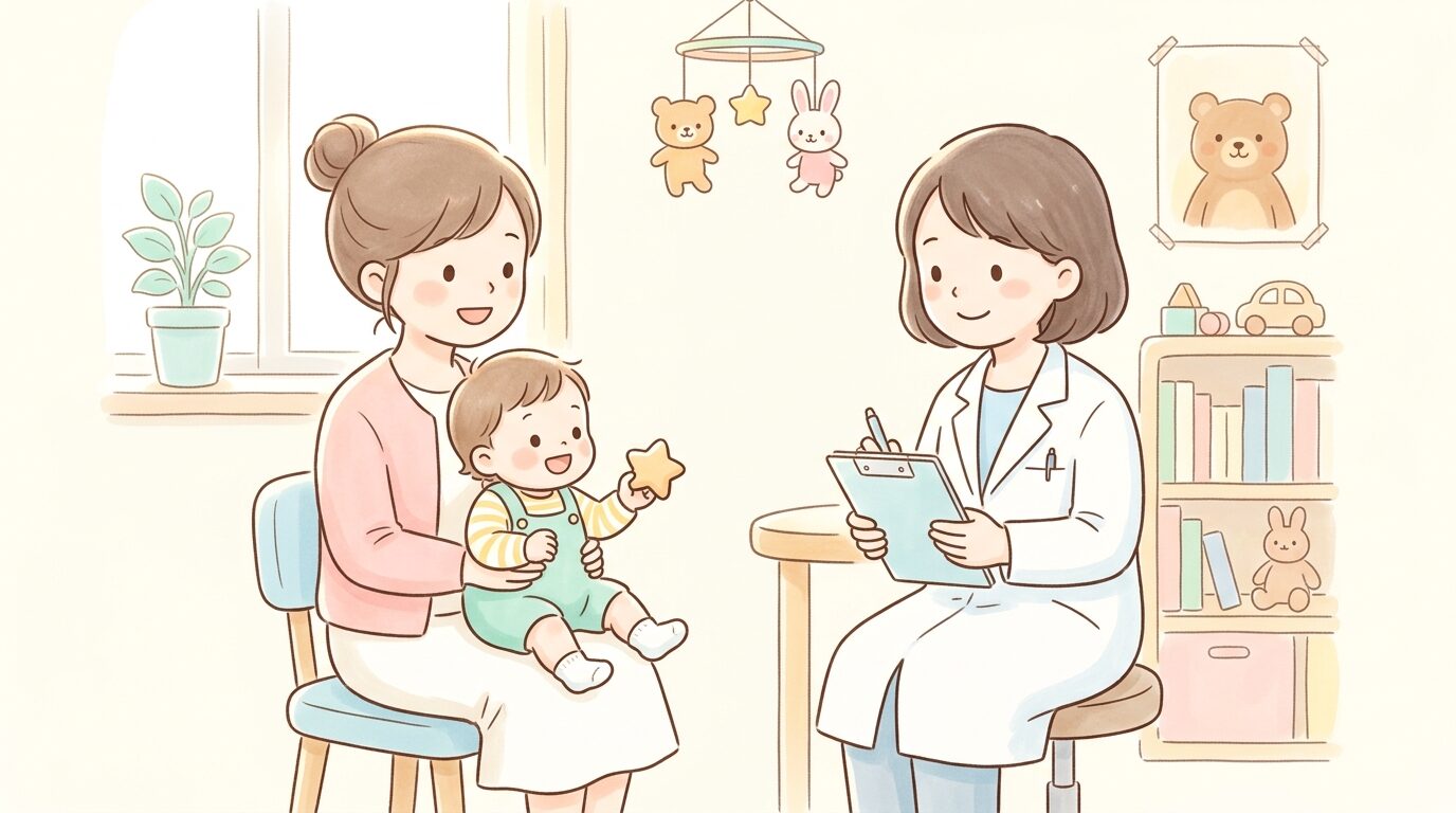 小児科の診察室で医師に相談する母親と1歳児