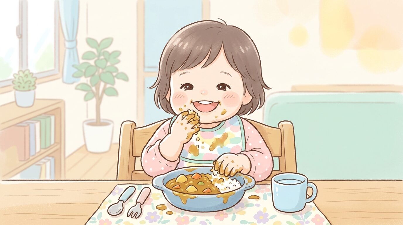 2歳くらいの子どもが手づかみでカレーライスを食べて笑顔を見せている食卓のシーン
