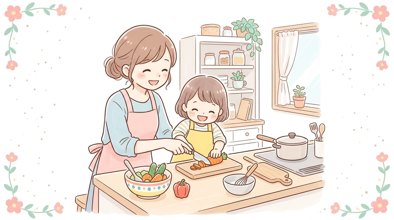 キッチンで親子一緒に野菜を切ったり混ぜたりしながら料理をしている温かい雰囲気の写真