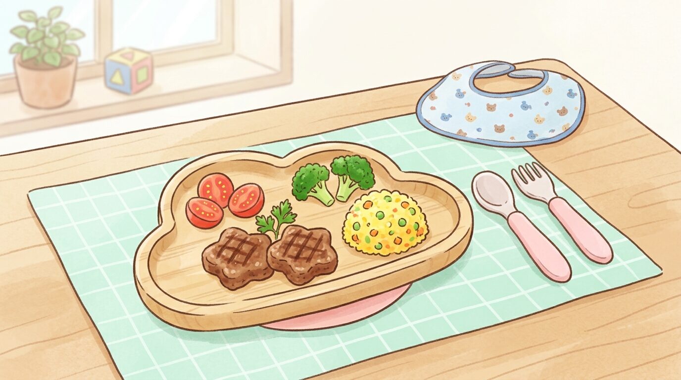 テーブルに並んだ小さく切られたミニトマトやハンバーグなど幼児向けに工夫された食事プレート