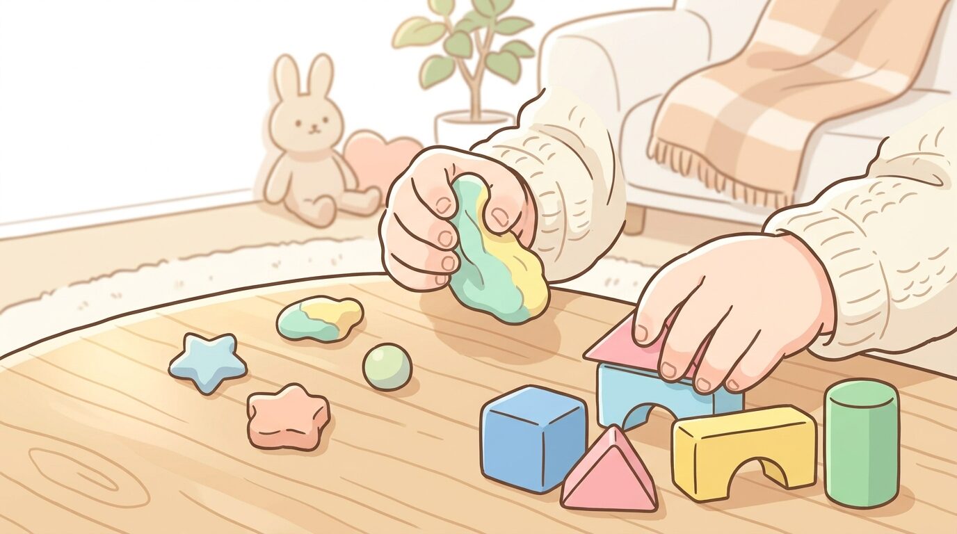 リビングで粘土やブロックに集中して取り組む2歳児の手元のクローズアップ