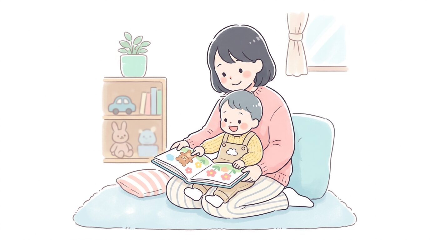 絵本を読む保護者の膝の上で楽しそうに指さしをする2歳の子ども