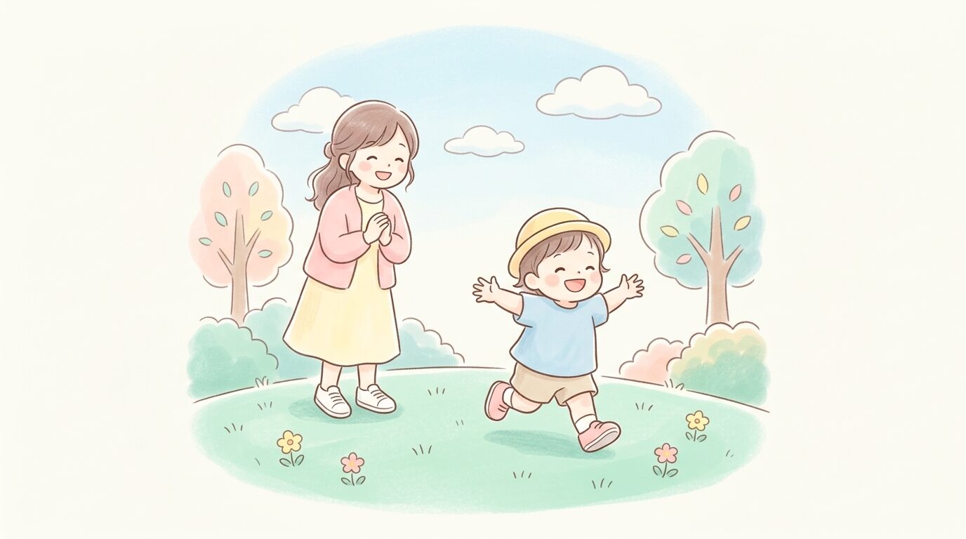 公園の芝生の上で楽しそうに走り回る2歳くらいの子どもと、それを笑顔で見守る母親