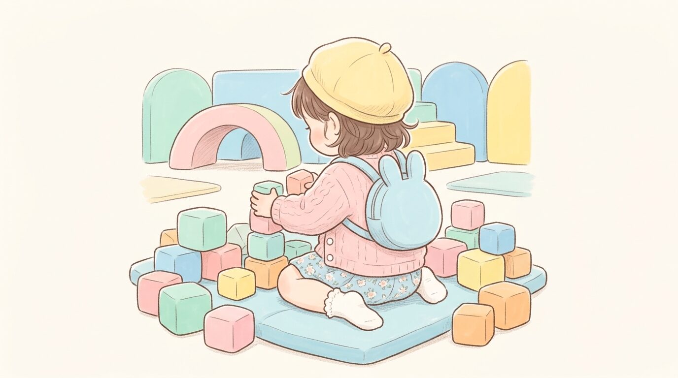 室内遊び場でカラフルなソフトブロックに囲まれて遊ぶ2歳児の後ろ姿