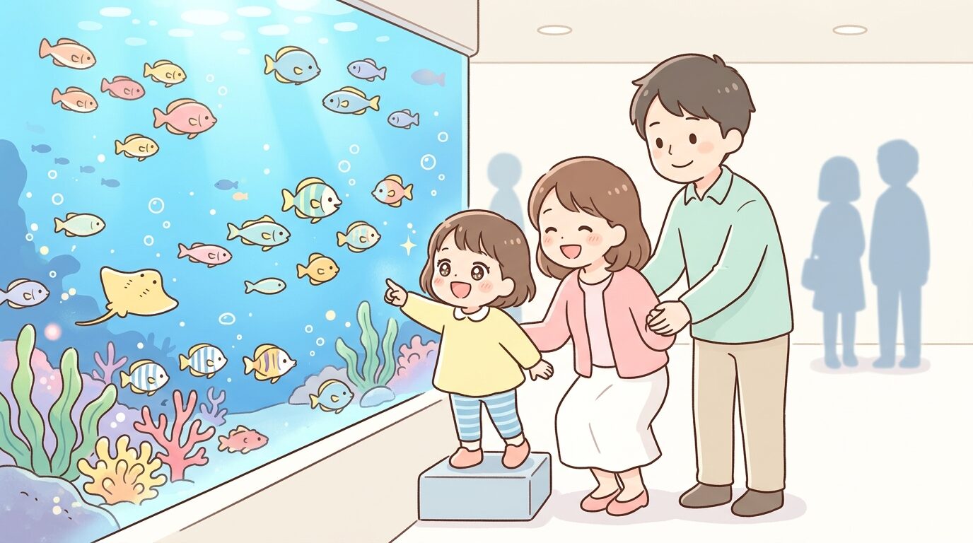 水族館の水槽の前で目を輝かせて魚を見つめる2歳児と両親