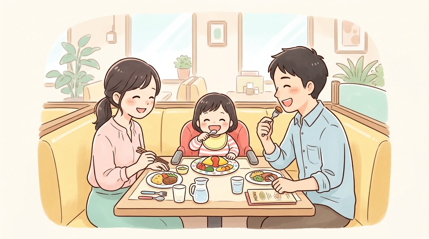 ファミリーレストランのボックス席で笑顔で食事をする2歳児と両親の温かい様子