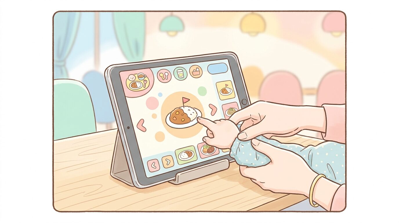 すかいらーくグループのファミレスでタブレット注文をする親子の手元アップ
