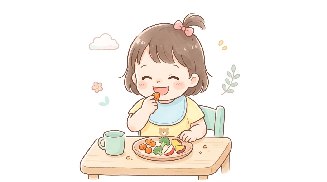 テーブルで小さく切られた野菜や果物を手づかみで食べる2歳児の笑顔