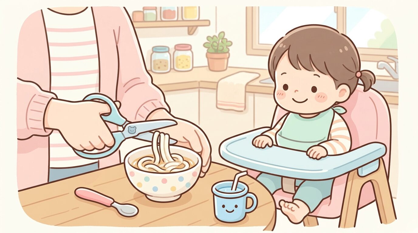 キッチンでうどんをキッチンばさみで短く切る親の手元と、待っている子どものハイチェア
