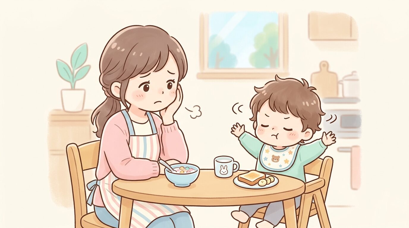 朝の食卓で困った表情を浮かべる母親と、朝食を前に首を振る2歳児の様子