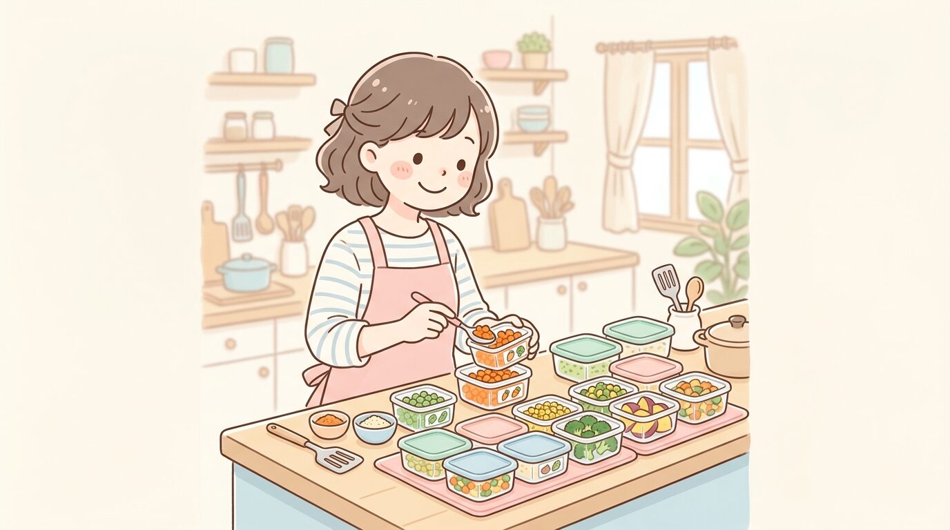 キッチンで冷凍保存容器に小分けした野菜の作り置きおかずを並べる様子